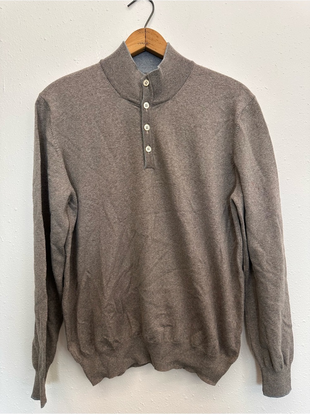 Men's Italian soft 100% wool - Taupe Button-Neck Sweater